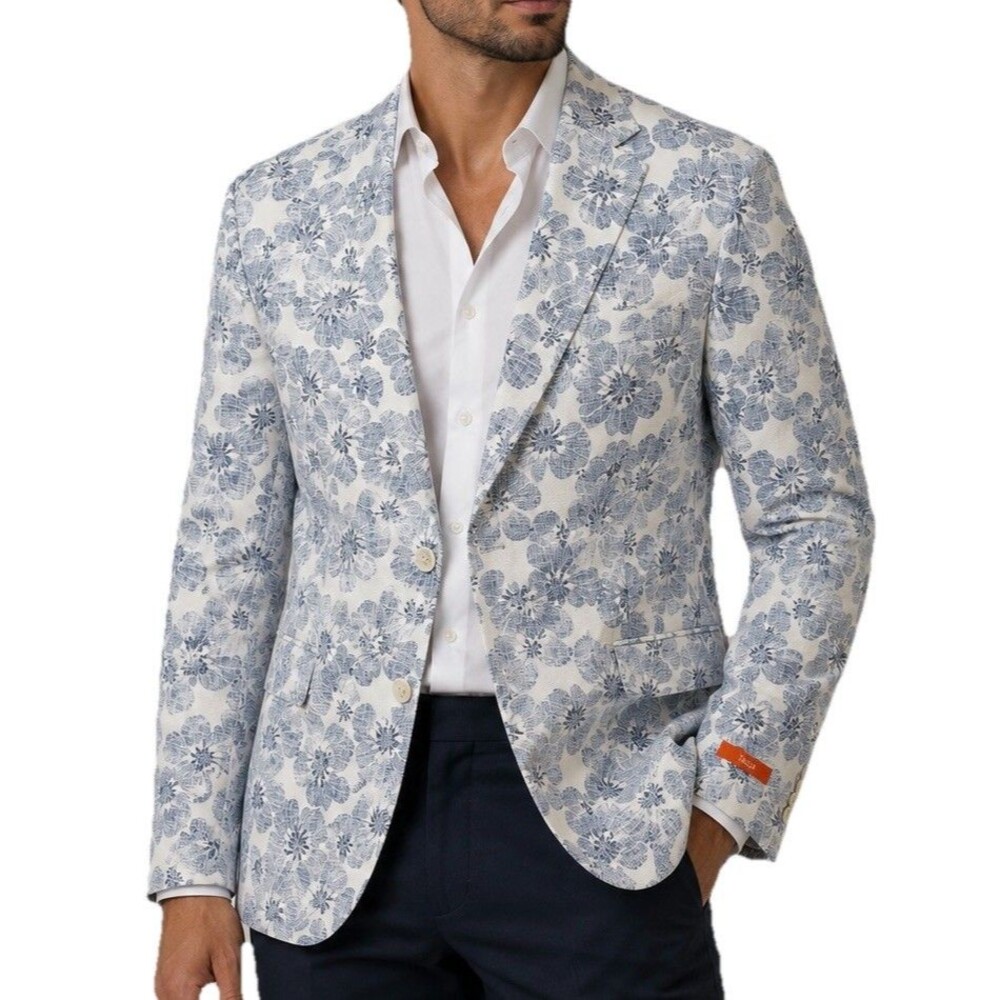 Tallia Mens 44L Blue Floral Linen Blend Sport Coat Blazer White Summer